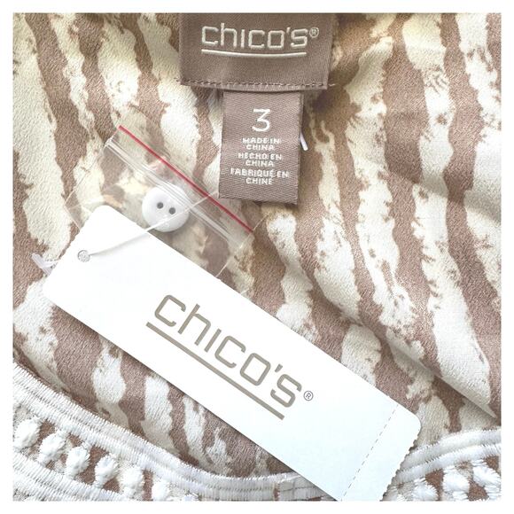 Chico’s Women’s 3 Highland Park Animal Print Embroidered 3/4 Sleeve Popover Top - Picture 8 of 11